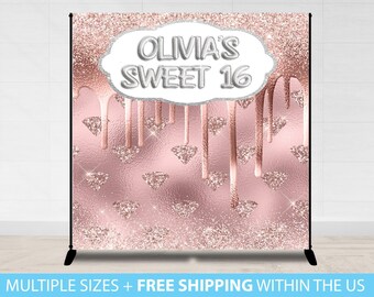 Sweet 16, Step and Repeat, 8X8 Photo Booth backdrop, Sweet 16 Banner, Prom backdrop, Birthday Backdrop, Printable Backdrop Glitter Pink 16