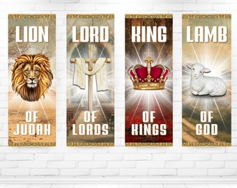 Set of 4 Church Banners, Sanctuary Banners, Mission Worship, Church Wall Vinyl Banner, Lion of Judah Lamb of God Lord of Lords King of Kings