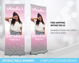 Birthday Party Welcome Sign, birthday Party Banner, Birthday Celebration Decor, Birthday Banner Roll Up, Retractable Banner Birthday Silver
