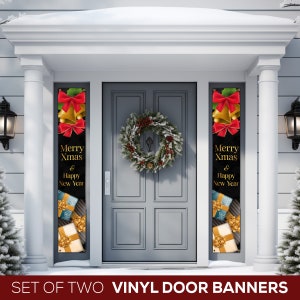 May include: Set of two black vinyl door banners with gold and red Christmas decorations. The banners feature the text "Merry Xmas & Happy New Year".