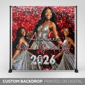 May include: A red and silver sparkly backdrop with the text "Ashlee's Prom Send Off 2026" and three women in silver dresses.