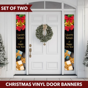May include: Set of two black Christmas door banners with gold lettering that reads "Merry Xmas & Happy New Year". Each banner features a gold bell with a red bow and gold gift boxes with red bows.