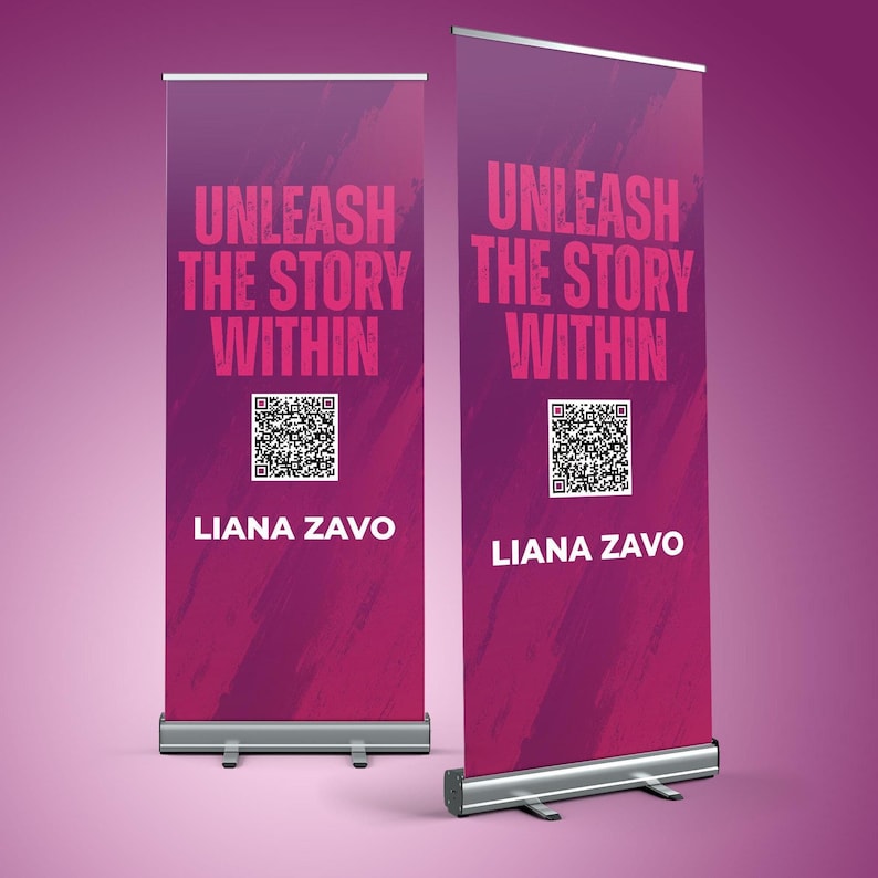 May include: Two retractable banner stands with a gradient purple background. The banners display the text "UNLEASH THE STORY WITHIN", a QR code, and the name "LIANA ZAVO" in white. The stands are silver.