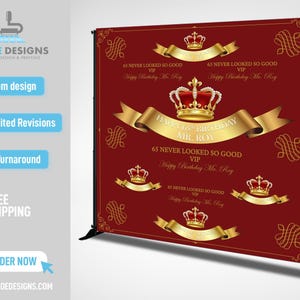 Custom Photo Birthday Backdrop, Custom Birthday Party Backdrop, Step Repeat Decor, red Gold Birthday Decor Banner Any Theme Gold Crown