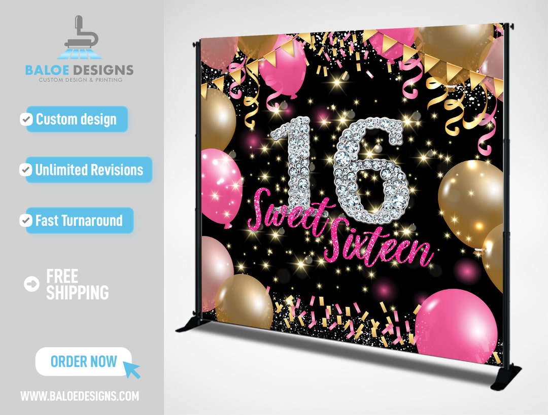 Sweet Sixteen Personalized Backdrop Banner, Sweet Sixteen Birthday