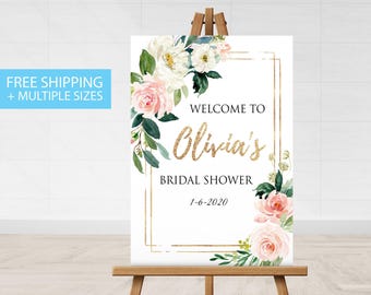 Bridal Shower Printed Welcome Sign, Canvas Bridal shower Welcome sIgn, Canvas 24x36 Welcome signage Flowers Floral gold Welcome Sign Canvas