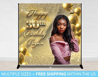 thumbnail image 2 of Personalised Gold Happy Birthday Backdrop Banner - Fabric Party Decoration Poster 2 of 6