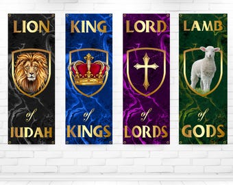 Set of 4 Church Banners, Sanctuary Banners, Mission Worship, Church Wall Vinyl Banner, Lion of Judah Lamb of God Lord of Lords King of Kings