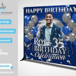 Custom Photo Birthday Backdrop, Man Custom Birthday Party Backdrop, Step Repeat Birthday Party, Blue Gold Birthday Decor Banner for Men