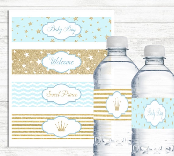 Blue And Gold Water Bottle Labels Printable Baby Shower Water Etsy