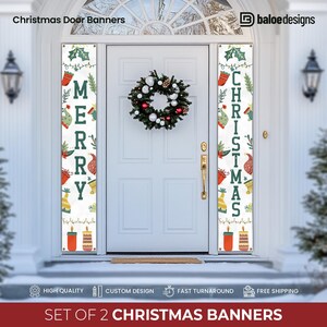 May include: Set of two Christmas door banners with festive designs. The banners feature the words "MERRY" and "CHRISTMAS" in green, along with holiday-themed illustrations like stockings, candles, and holly. The banners are white with a decorative border.