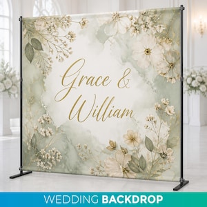 May include: A wedding backdrop featuring a watercolor design with the names "Grace & William" in gold script. The backdrop has a soft green and white color scheme with floral accents and the text "WEDDING BACKDROP" at the bottom.