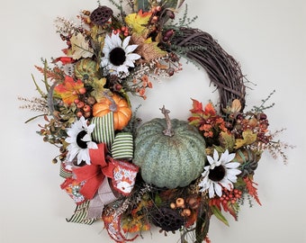 Fall wreath with Pumpkins, Autumn Wreath, Autumn Door Decor, Fall Porch Decor, Fall Wreath, Fall Decor