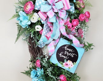 Summer Door Wreath, Front Door Wreath, Spring Wreath, Grapevine Flower Wreath, Home Sweet Home Wreath