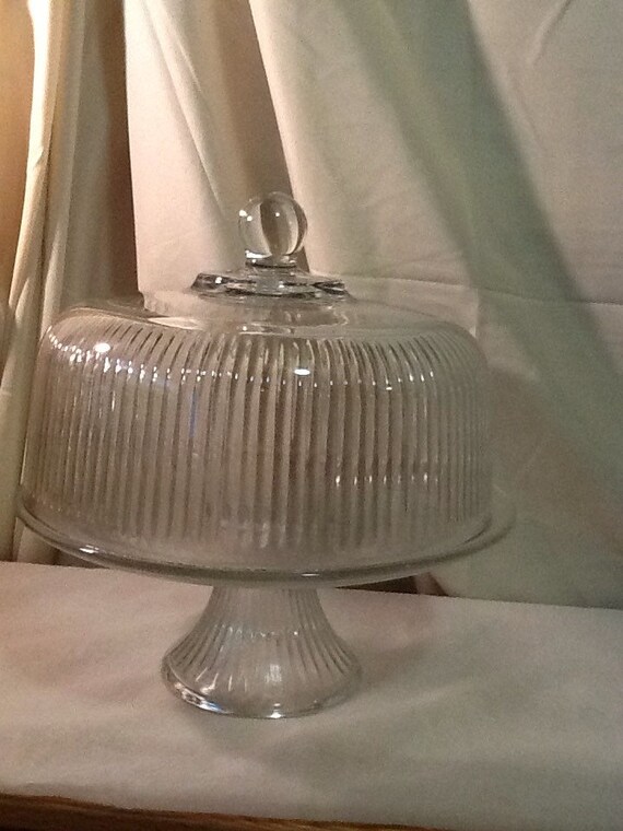 Heavy Clear Ribbed Glass Cake Stand Matching Dome Low Red brown