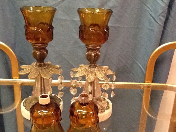 Vintage Set Of 2 Home Interior Golden Amber Votive Candle Holders Glass Candle Holders