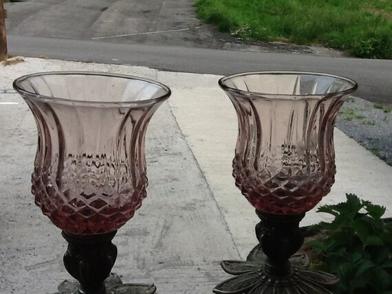 Pair Of 2 Light Pinkish Purple Home Interior Glass Votive Cups Candle Holders