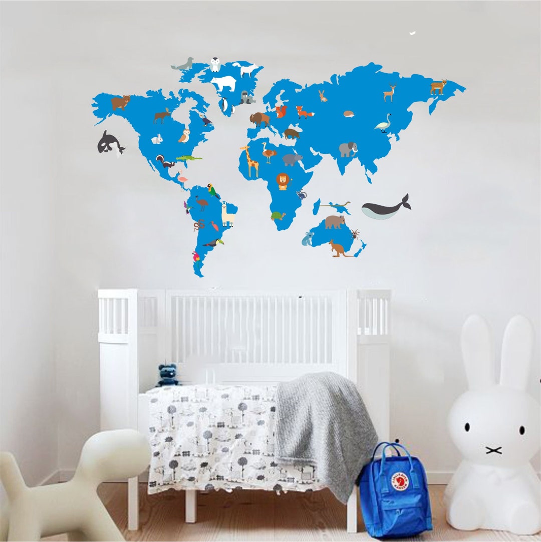 Wall Sticker Map World Colorful Animals - Etsy