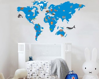 Bunte Welt Karte Wand Aufkleber Tiere