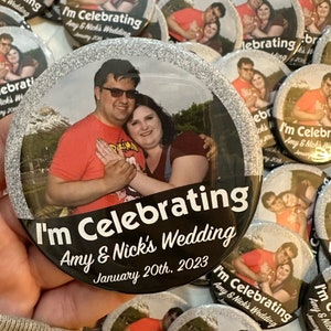 Disney Inspired Celebration Buttons, Custom Silver Disney Wedding Buttons, I&#39;m Celebrating Wedding Buttons, Disney Wedding, Wedding Buttons