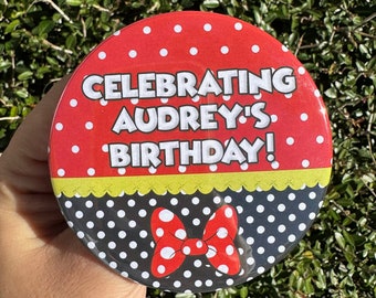 Minnie Mouse Birthday Button, Birthday Button Minnie Mouse Themed, Disney Minnie Mouse, Birthday Button, Celebration Button, Birthday Pins