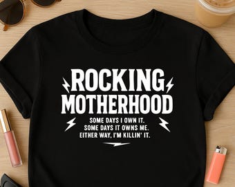 Rocking Motherhood SVG | Mom Life Lightning Bolt PNG | Retro Rock Style DXF Cut File | Funny Mom Quote Clipart | Cricut, Silhouette