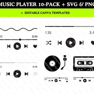 Lettore musicale modificabile Canva + pacchetto SVG – Retro, Minimal, Boho, Modalità scura e Play SVG – Stile cassetta, vinile, Spotify – Cricut PNG Dxf
