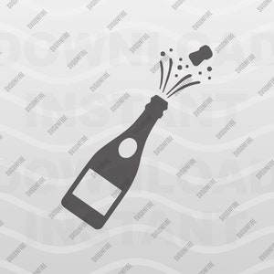 May include: A black and white illustration of a champagne bottle with a cork popping off and a stream of bubbles rising from the top.