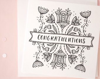 Herzlichen Glückwunsch Karte | Hand-Schriftzug | Geometrische Blumenmuster | Handgemachte Gratulation Grußkarte | Hochzeitskarte | Verlobungskarte