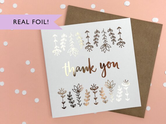 Thank You Hand Lettering Handmade Card B4 Botanical Greeting Card Rose Gold Foil Thank You Card