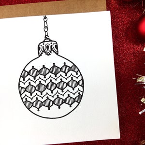 Blank Christmas Card | Handmade Christmas Ornament Illustration | Black and White or Real Foil Patterned Holiday Card | Gift For Her | "B10"