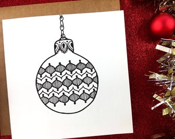 Blank Christmas Card | Handmade Christmas Ornament Illustration | Black and White or Real Foil Patterned Holiday Card | Gift For Her | "B10"