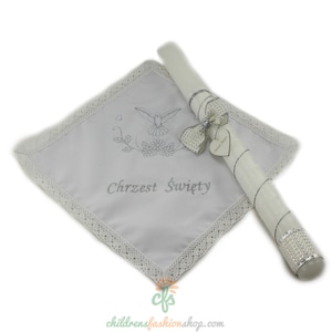 Personalized Embroidered Polish Handkerchief for Baptism szatka na chrzest and candle