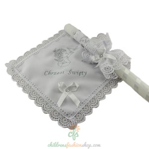 Personalized Embroidered Polish Handkerchief for Baptism szatka na chrzest and candle