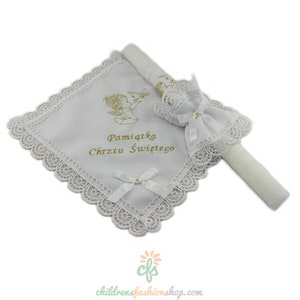Personalized Embroidered Polish Handkerchief for Baptism szatka na chrzest and candle