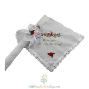 Personalized Embroidered Polish Handkerchief for Baptism szatka na chrzest and candle