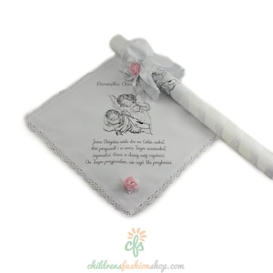 Personalized Embroidered Polish Handkerchief for Baptism szatka na chrzest and candle