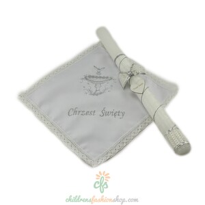 Personalized Embroidered Polish Handkerchief for Baptism szatka na chrzest and candle
