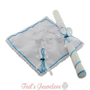 Personalized Embroidered Polish Handkerchief for Baptism szatka na chrzest and candle