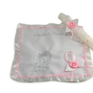 Personalized Embroidered Polish Handkerchief for Baptism szatka na chrzest and candle