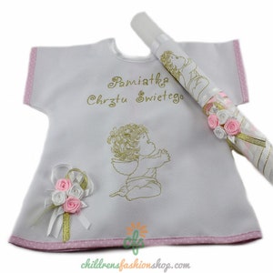Personalized Embroidered Polish Handkerchief for Baptism szatka na chrzest and candle