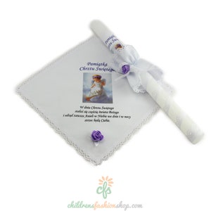 Personalized Embroidered Polish Handkerchief for Baptism szatka na chrzest and candle