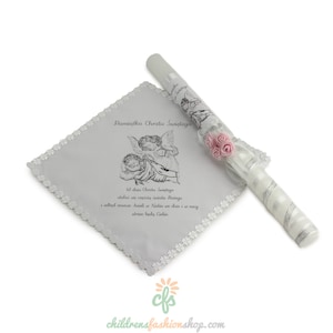 Personalized Embroidered Polish Handkerchief for Baptism szatka na chrzest and candle