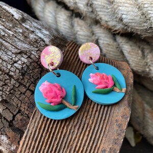 Polymer clay 2 piece protea dangle earrings, floral, studs, handmade, hypoallergenic, titanium