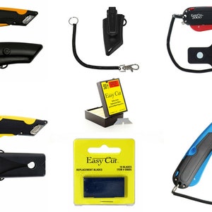 May include: A set of four retractable utility knives with a black handle and a yellow, red, or blue blade. The knives come with a black belt clip and a retractable cord. A pack of replacement blades is also included. The packaging is yellow and says "Easy Cut" and "Replacement Blades".