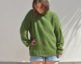 Made to order.Green wool sweater, hand knitted alpaca/ cotton size M-L