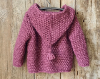 Made to order. 18 months. Children&#39;s hooded jacket in heather. Hand-knitted alpaca.