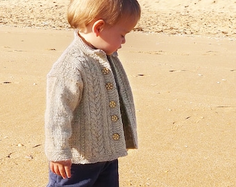 80/86. Beige children's jacket, hand-knitted braid pattern, tweed yarn