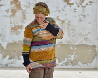Colorful patchwork wool jumper, size S-M, hand-knitted