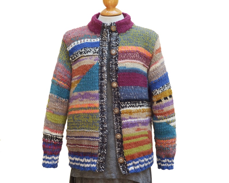 Patchwork. Warm wool jacket, hand-knitted, new wool, size S image 4